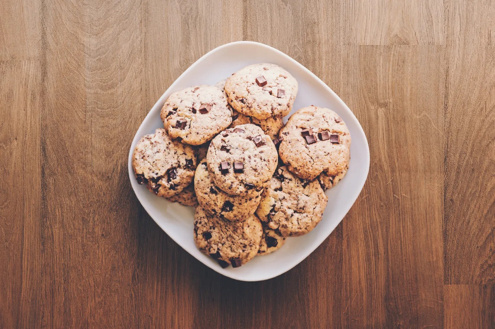 A plate of chocolate chip cookies