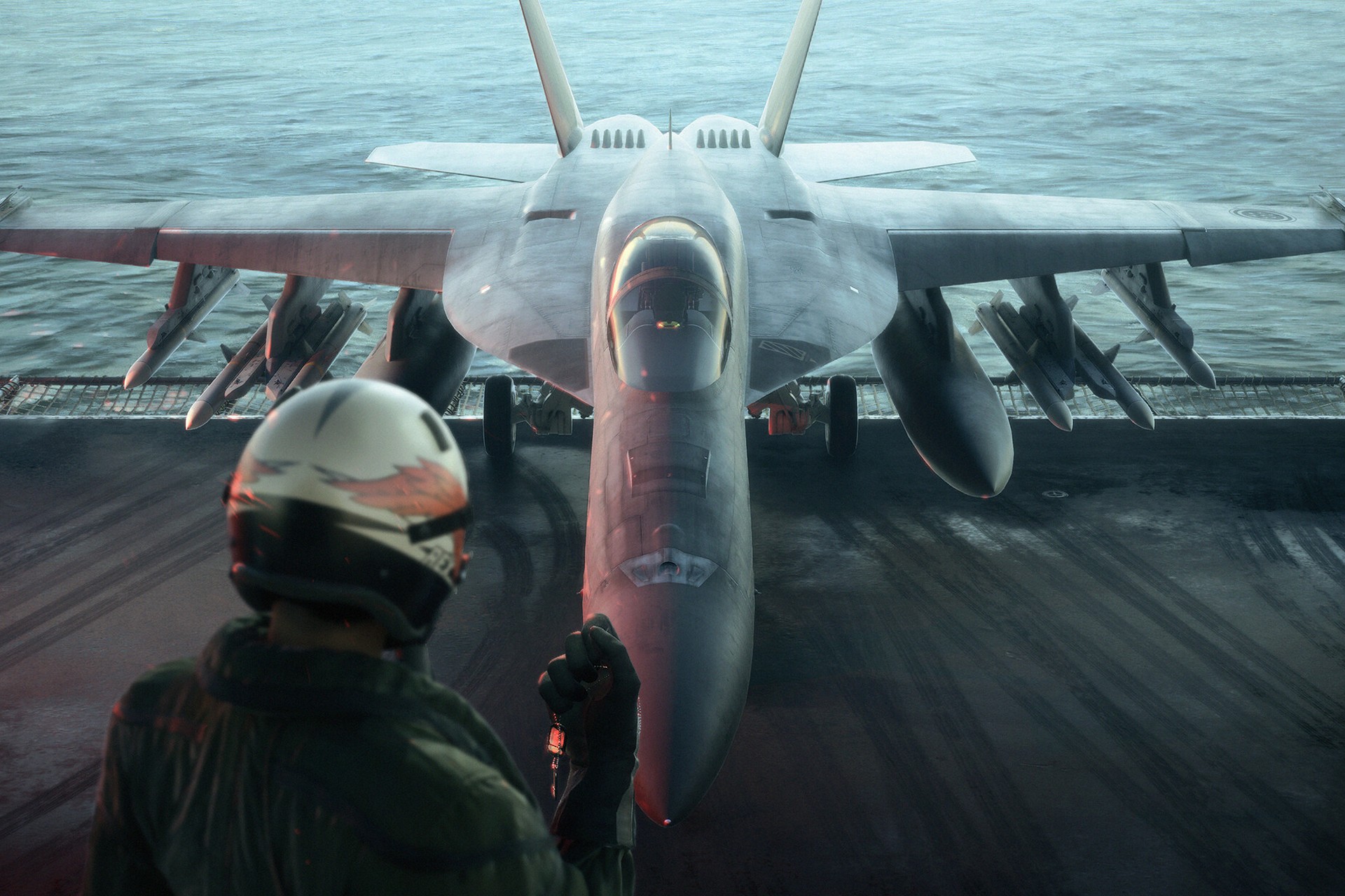 Official Ace Combat 8: Wings of Theve key art — a fighter jet on an aircraft carrier deck with its pilot