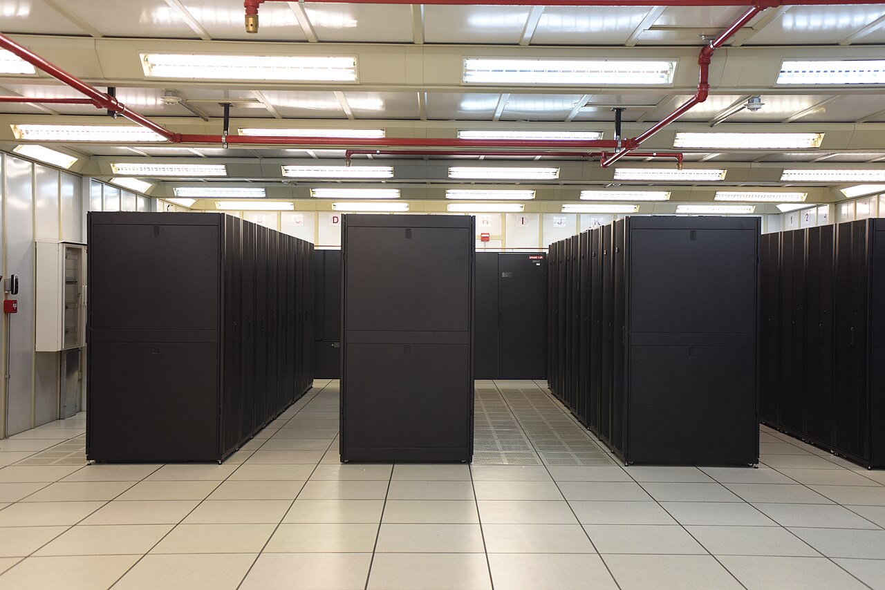 Bright server racks inside a data center