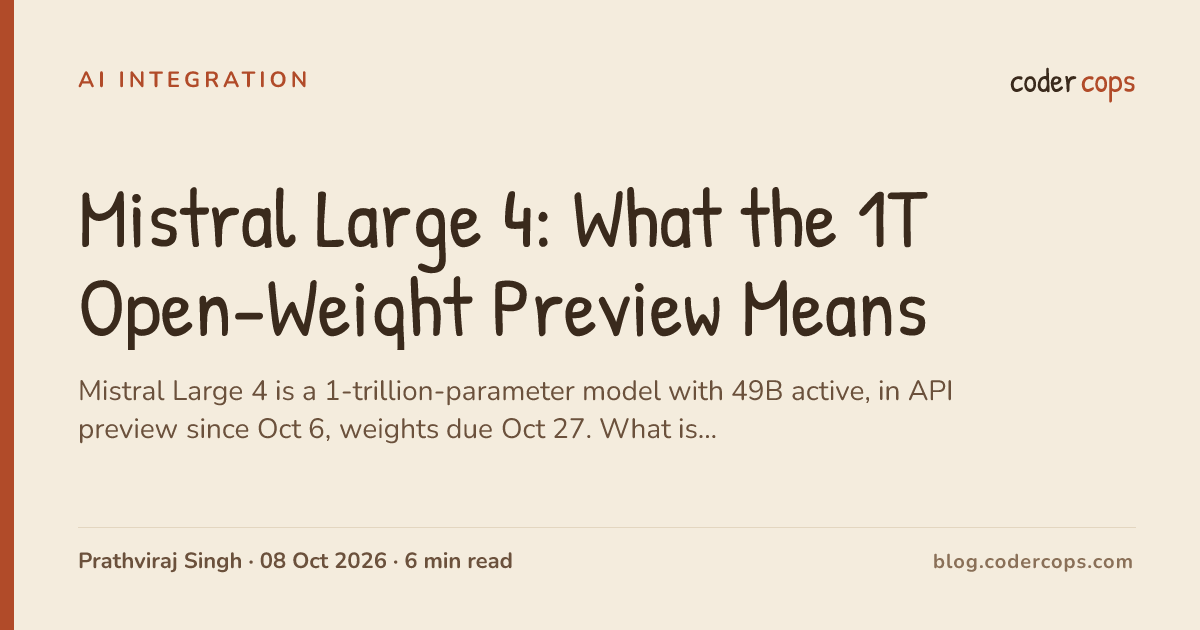 Summary card for Mistral Large 4: 1-trillion-parameter model in API preview since October 6, weights due October 27