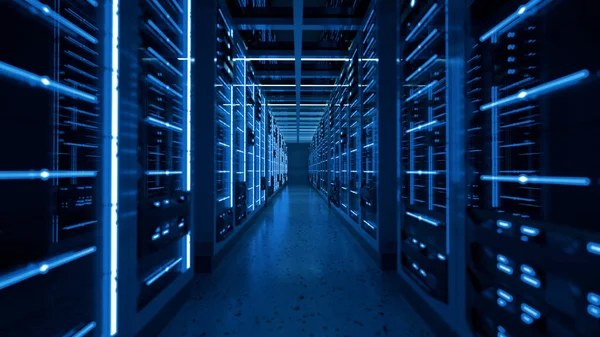 Rows of server racks in a data center corridor