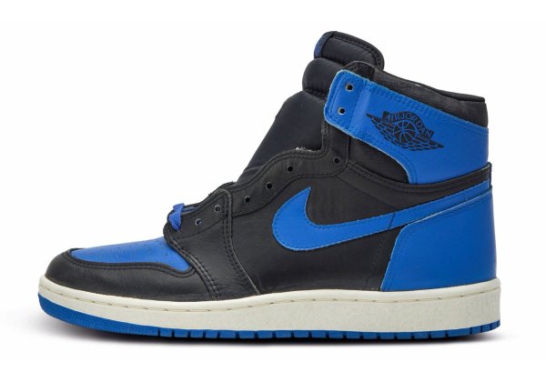 A vintage Air Jordan 1 'Royal' showing the original 1985 black and royal blue colorway