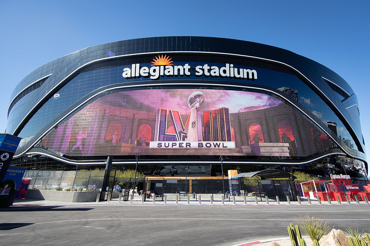 Allegiant Stadium exterior in daylight, the Raiders' Las Vegas home