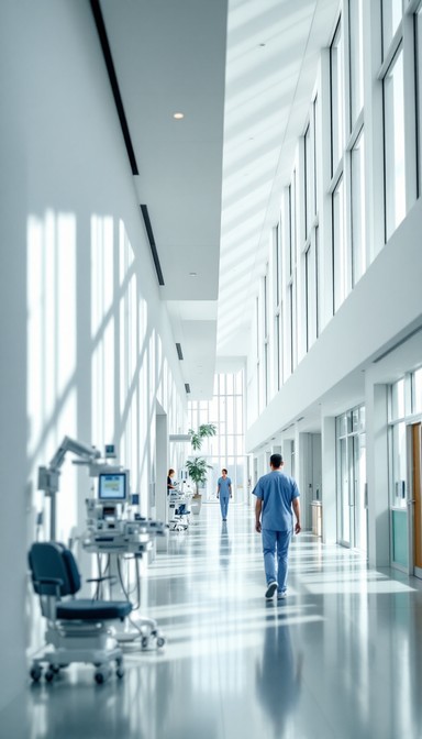 A bright, sunlit hospital corridor with medical staff in scrubs