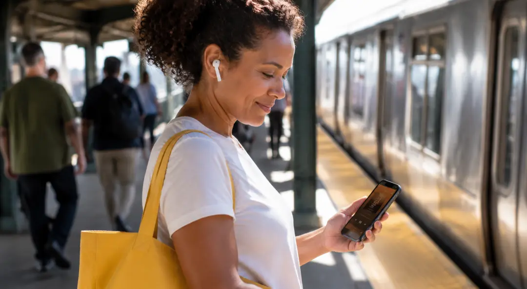 A woman with wireless earbuds listening to a podcast on her phone on a sunny day
