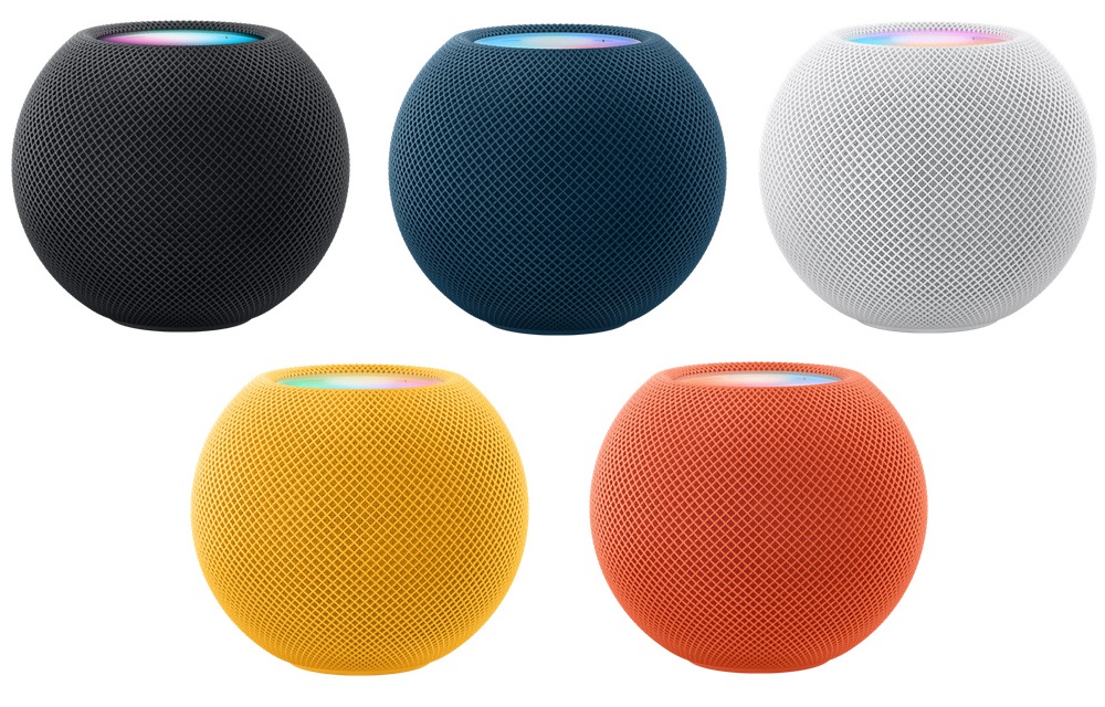 HomePod mini speakers in multiple colors on a bright background