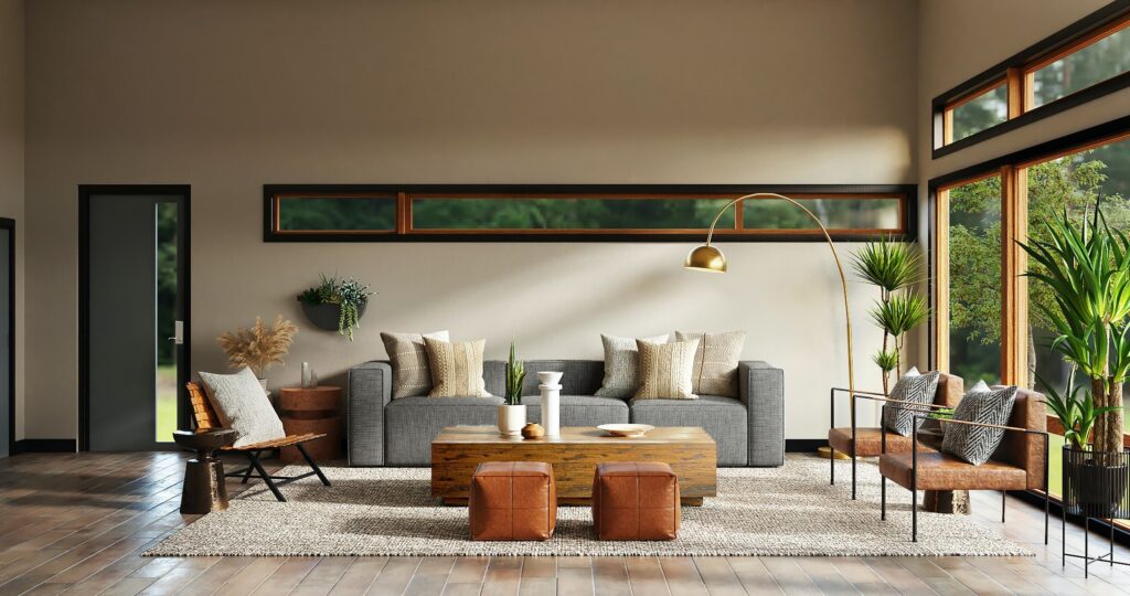 A bright, modern smart home living room in daylight