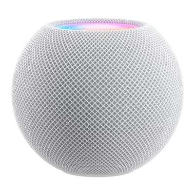 A white Apple HomePod mini