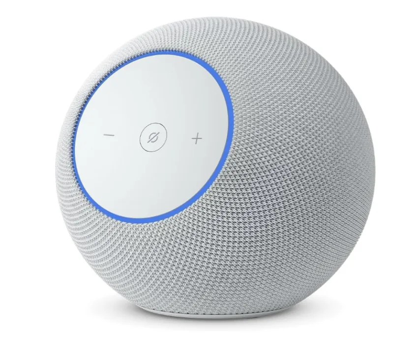 Smart speakers lined up on a store shelf