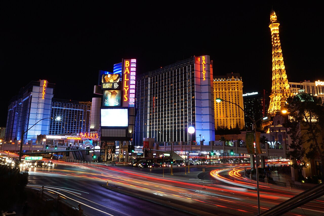 The Las Vegas Strip at night with hotel towers lit up