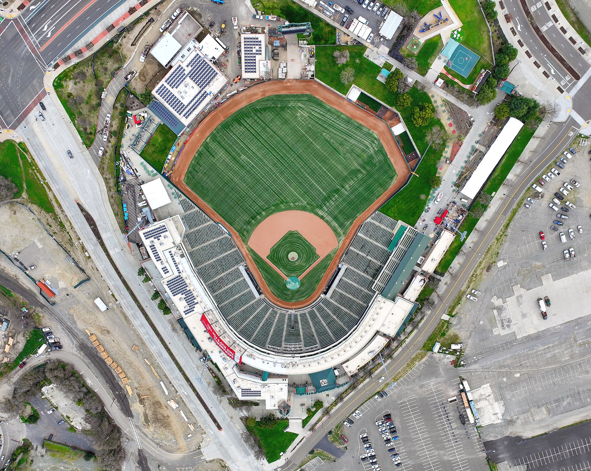 An aerial view of Sutter Health Park in West Sacramento — the Athletics' temporary home until the Las Vegas ballpark opens in 2028