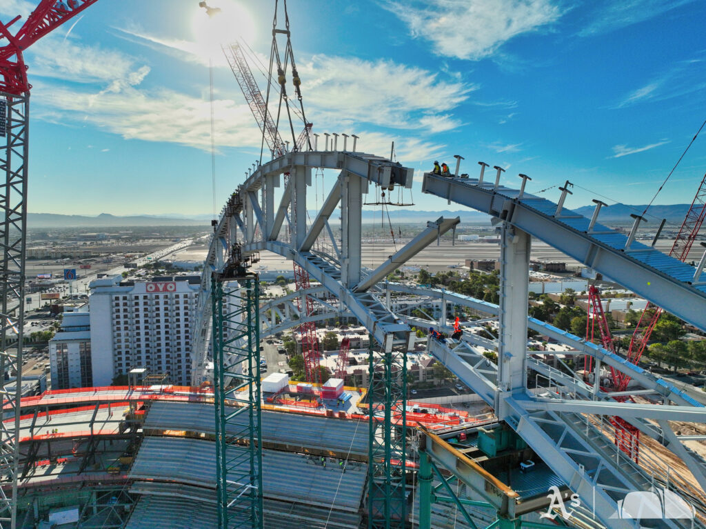 Steel truss arches over the Athletics&rsquo; Las Vegas ballpark construction site
