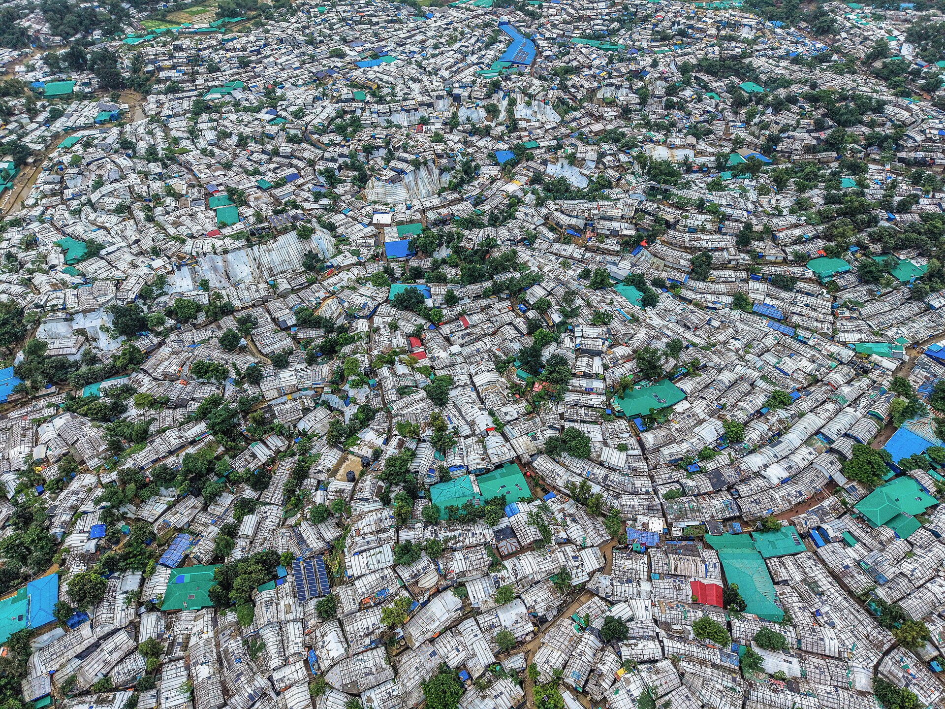 An aerial view of the densely packed shelters of the Rohingya refugee camp in Cox’s Bazar.