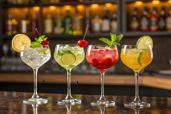 Colorful cocktails lined up on a bar counter