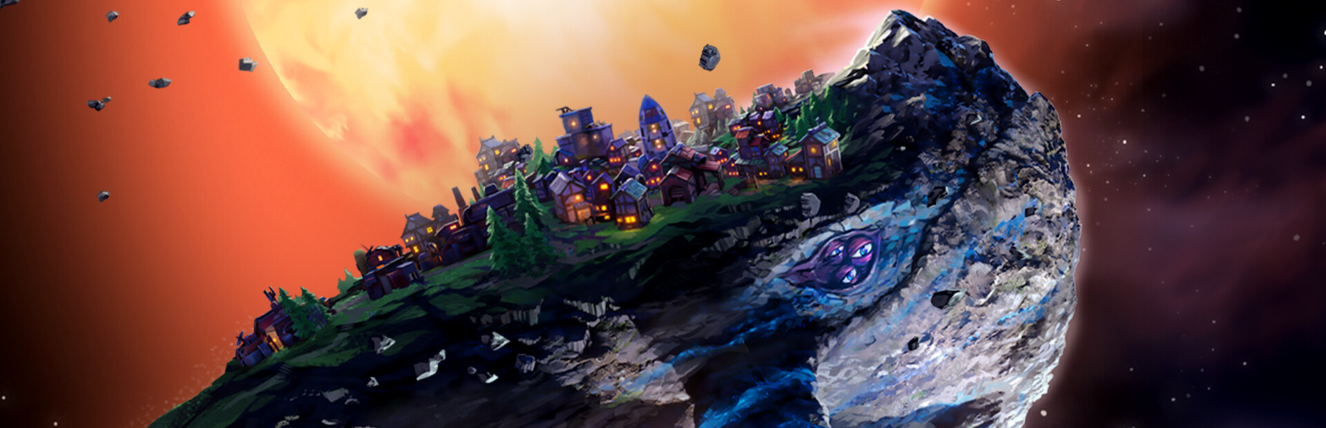 Official key art for Beyond These Stars, the city builder set on the back of the space whale Kewa
