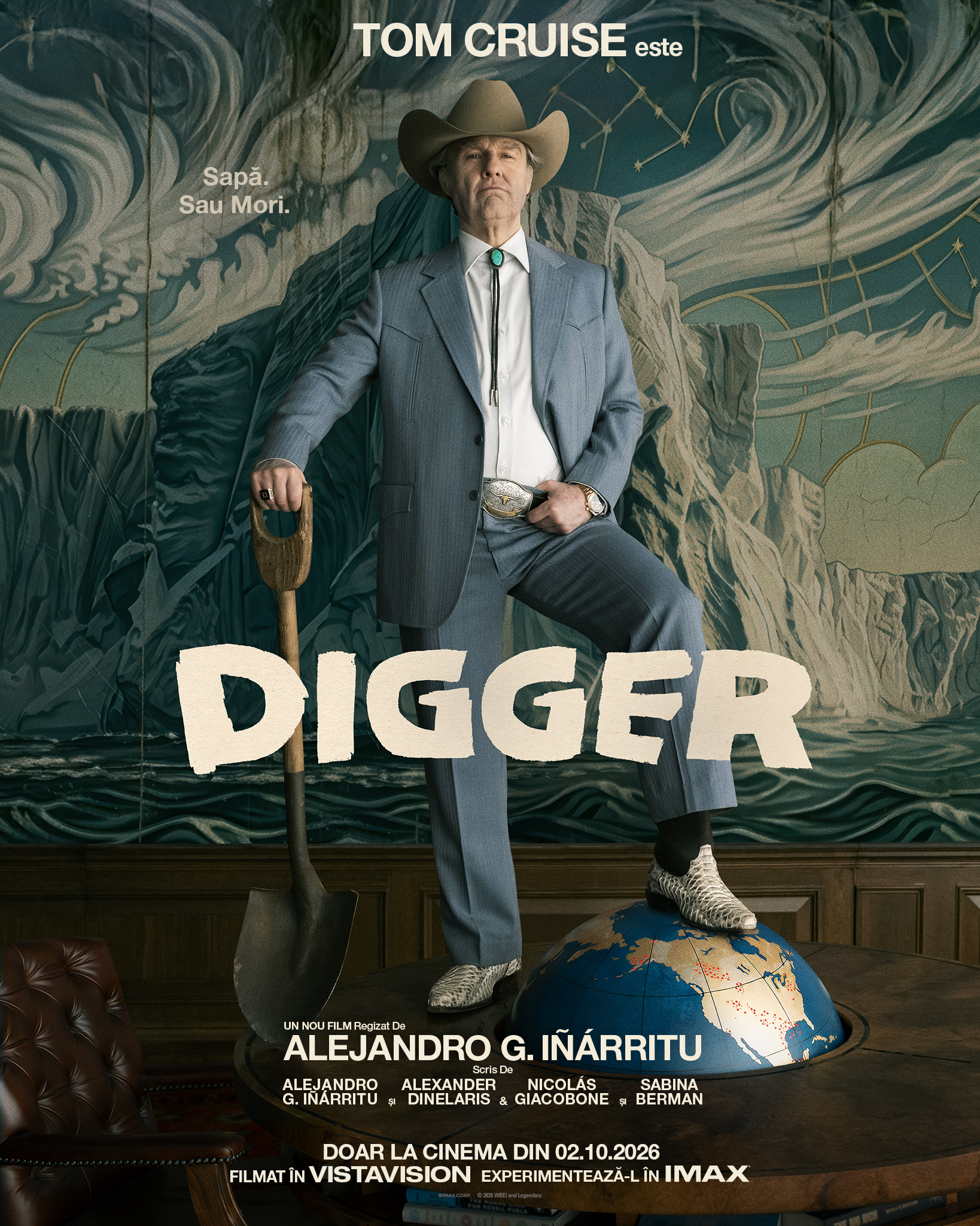 Official key art for Digger: Tom Cruise as oil tycoon Digger Rockwell in a cowboy hat and bolo tie, leaning on a shovel with one boot on a globe