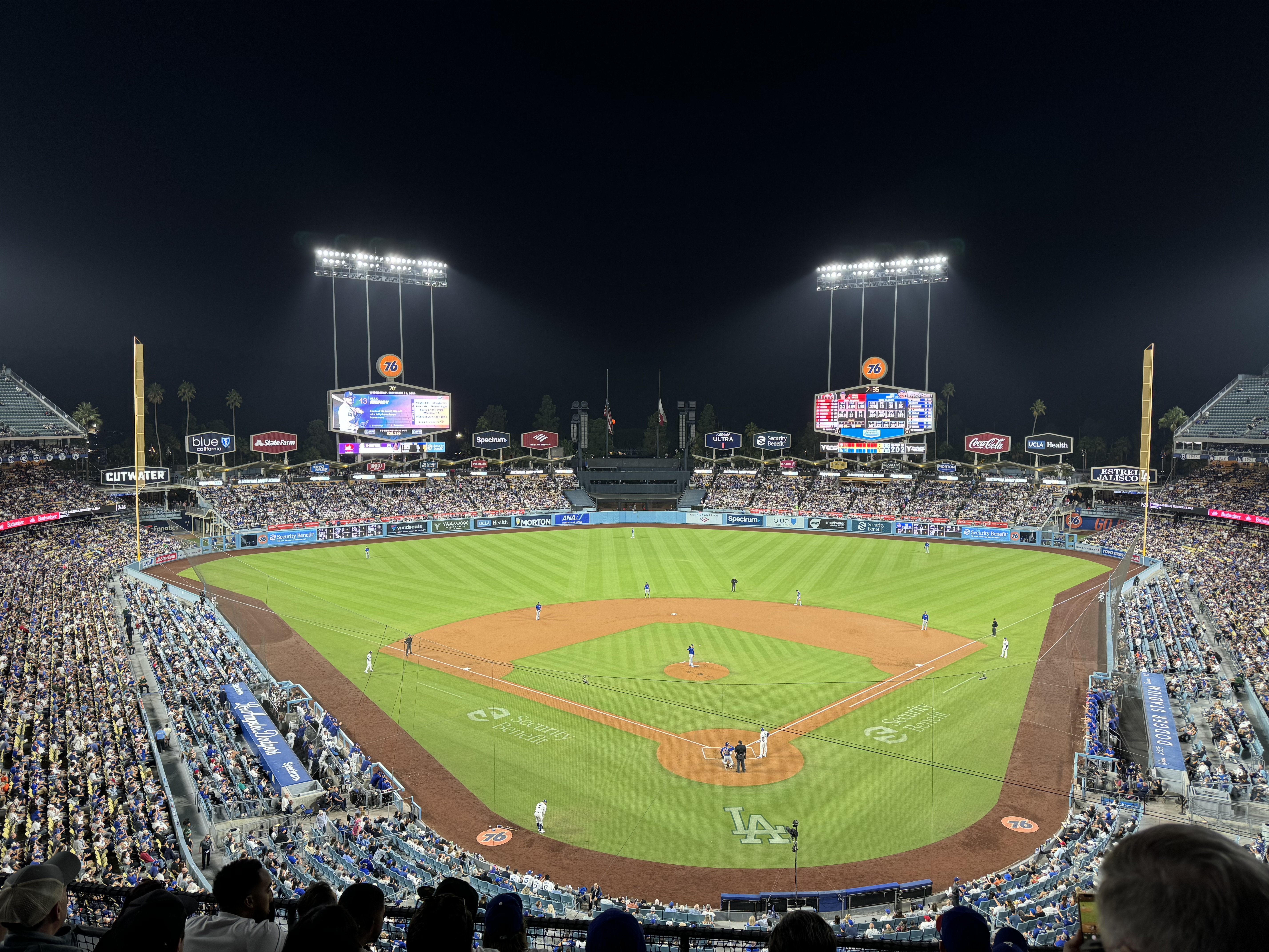 Dodger Stadium in Los Angeles under the lights (Wikimedia Commons)