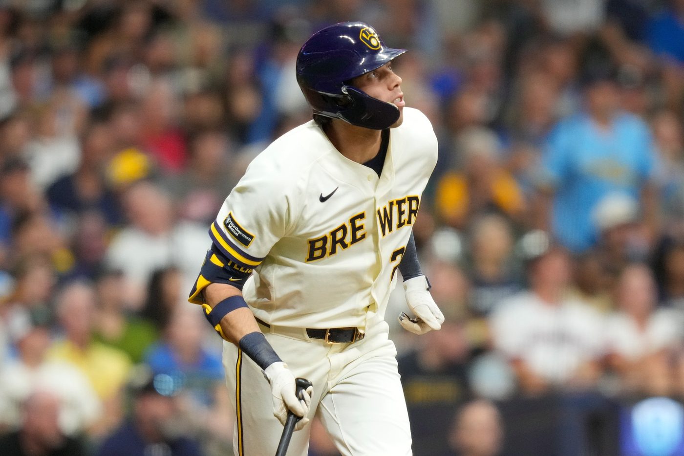 A Milwaukee Brewers hitter watches a pitch at American Family Field.