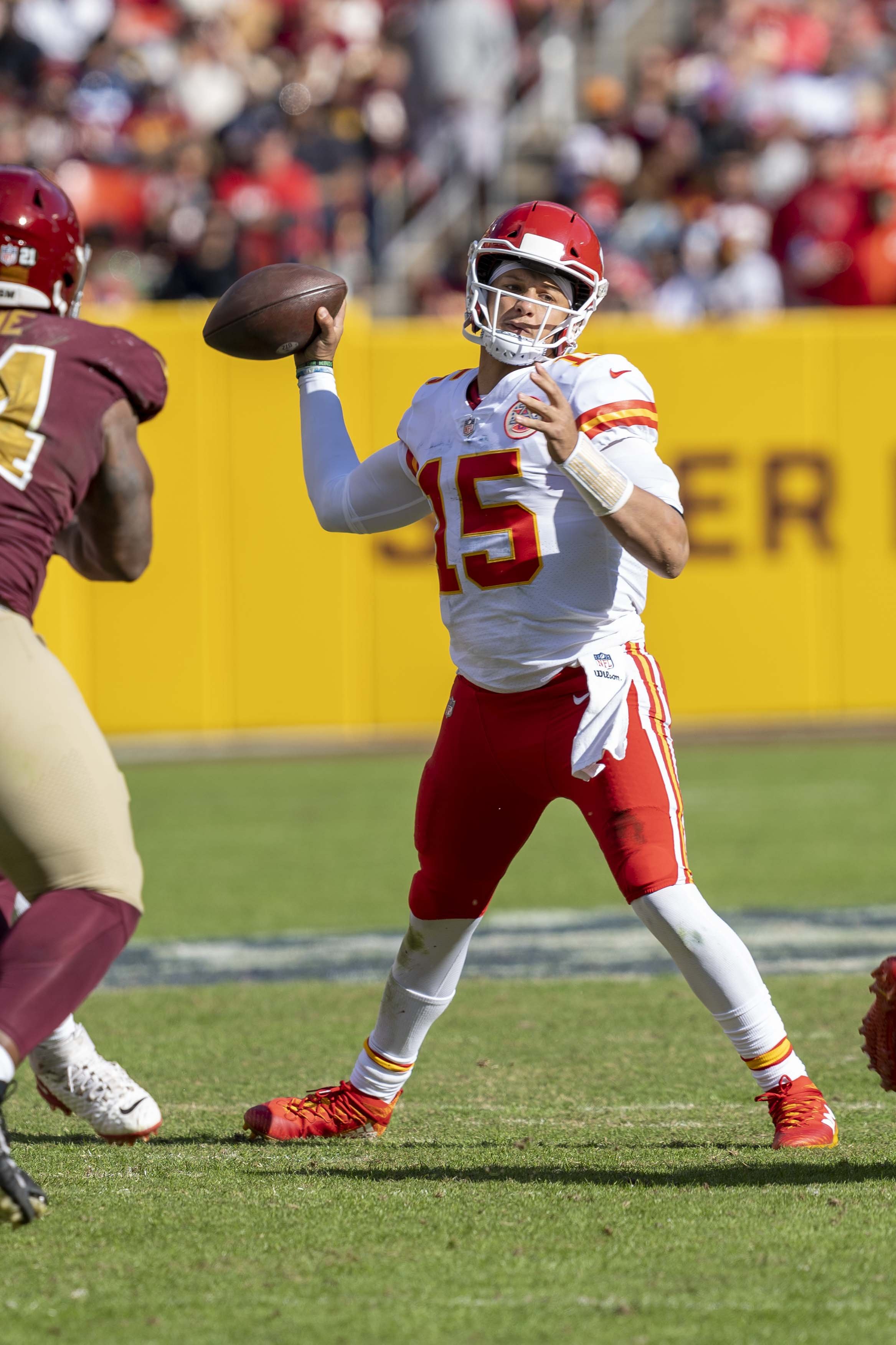 Patrick Mahomes in the throwing motion during a game