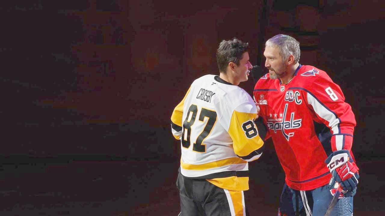 Alex Ovechkin and Sidney Crosby on the ice during a Capitals-Penguins game, in the first matchup since Ovechkin announced this will be his final NHL season