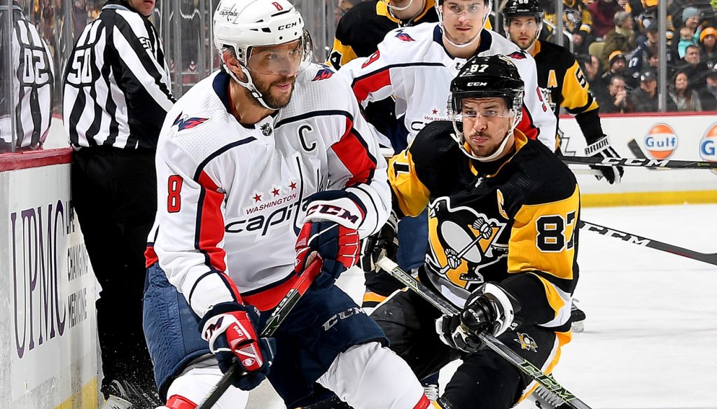 Alex Ovechkin and Sidney Crosby battling for the puck in a previous Capitals-Penguins matchup