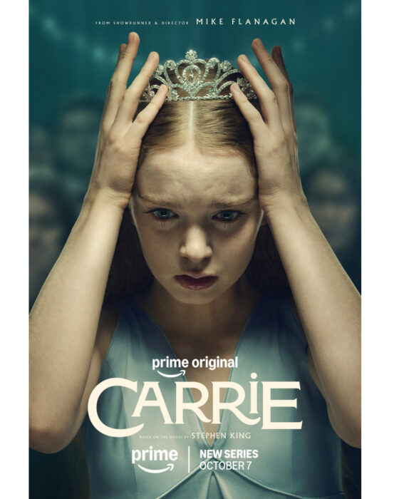 Summer H. Howell as Carrie White holding the prom crown — the official key art for Mike Flanagan's Carrie on Prime Video