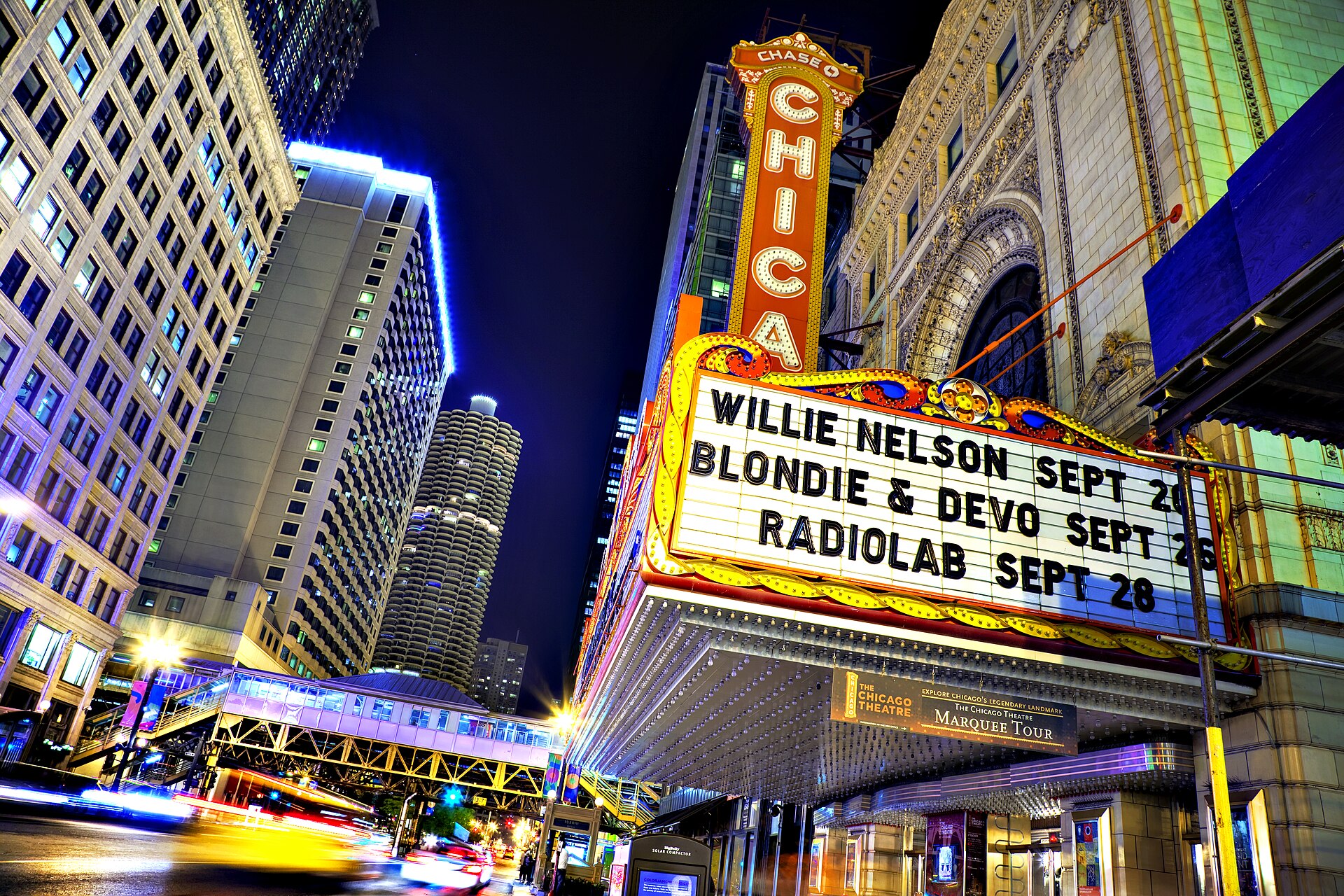 The Chicago Theatre district at night in Chicago, home of the 62nd Chicago International Film Festival