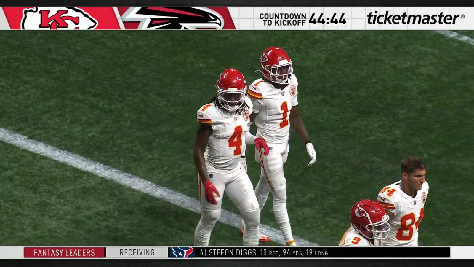 Chiefs receivers Rashee Rice and Xavier Worthy on the field during pregame warmups.