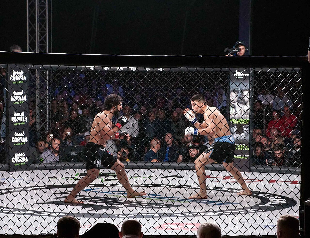 Two MMA fighters squaring off inside the cage as the crowd watches