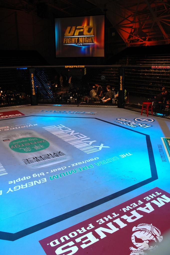 The UFC Octagon under the lights during a Fight Night event