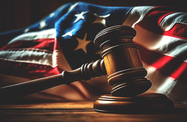 A courtroom gavel on a wooden desk in an American courtroom.