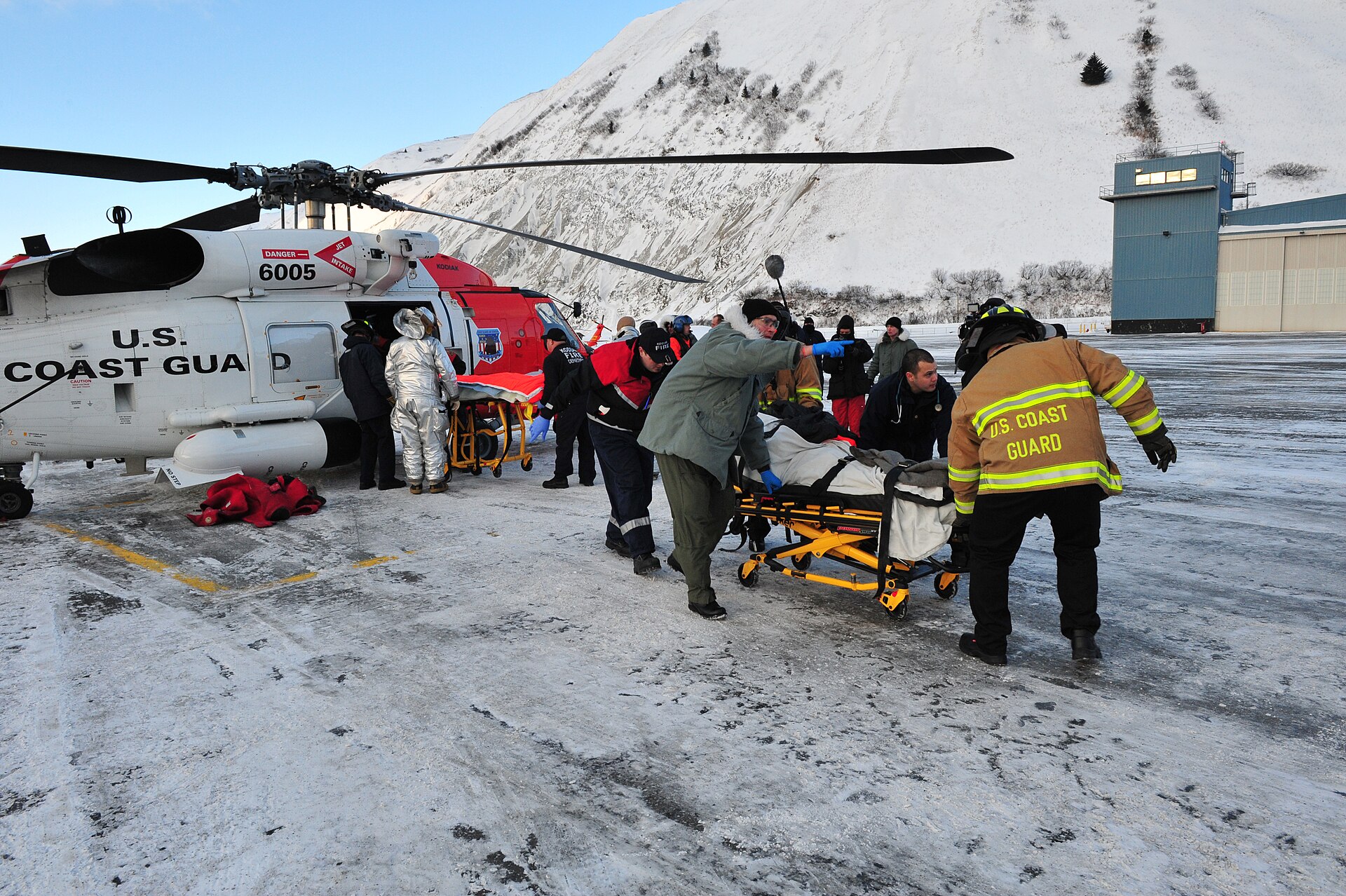 A Coast Guard rescue transfer at sea