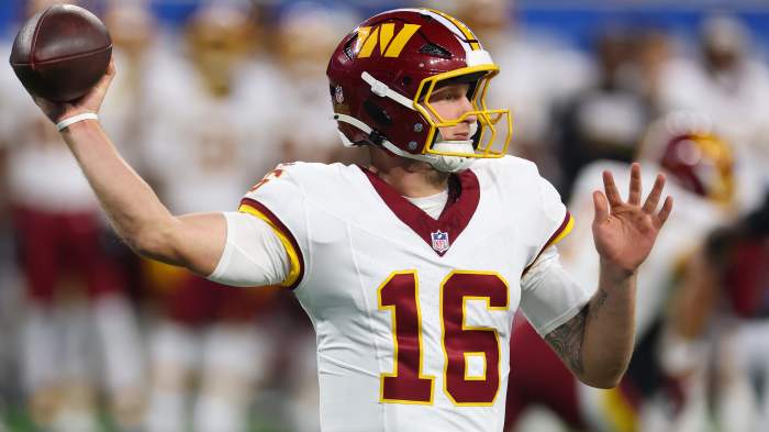 Commanders rookie quarterback Athan Kaliakmanis (16) throws during the preseason.