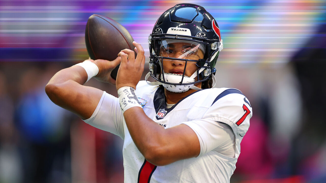 Texans quarterback C.J. Stroud preparing to throw during warmups.