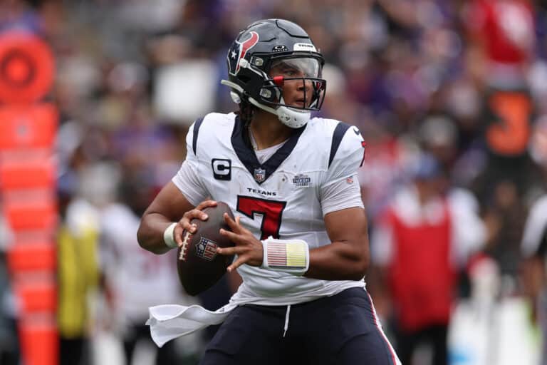 Texans quarterback C.J. Stroud scanning the field during the game.