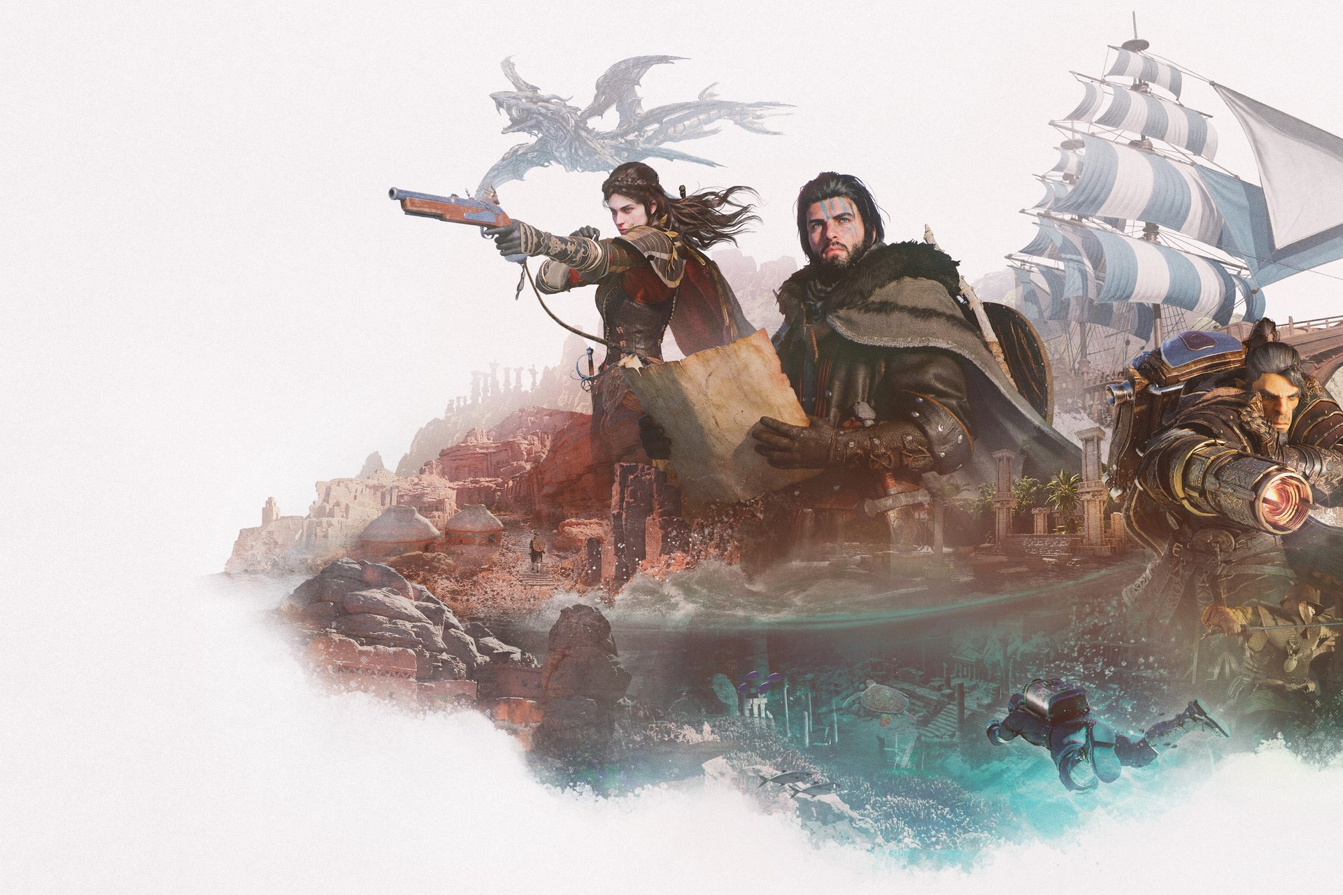 Official Crimson Desert: Charting the Unknown key art — the explorer party with map, ship, and dragon over a coastal outpost