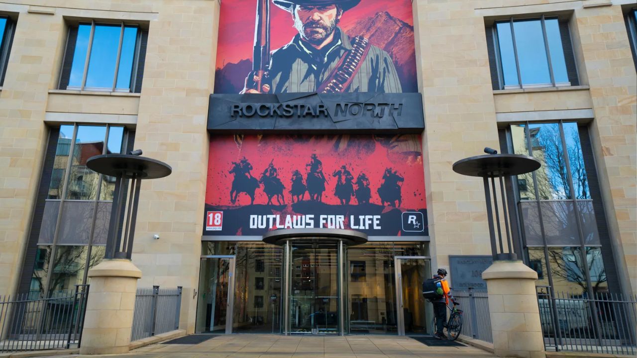 Rockstar North's Edinburgh office with Red Dead Redemption banner art
