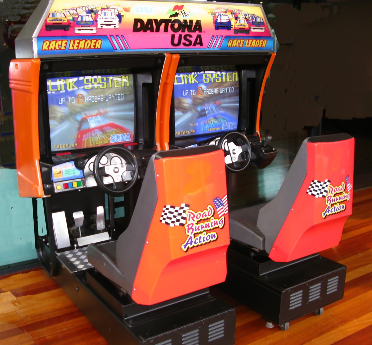 A twin-seat Daytona USA arcade cabinet