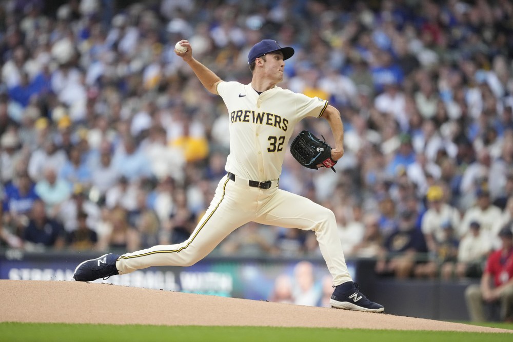 Jacob Misiorowski pitching for the Brewers