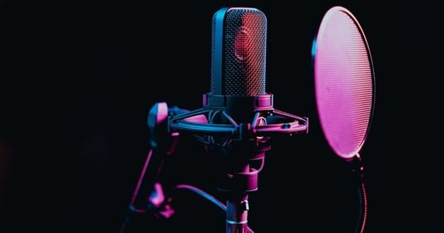 A podcast recording studio with professional microphones