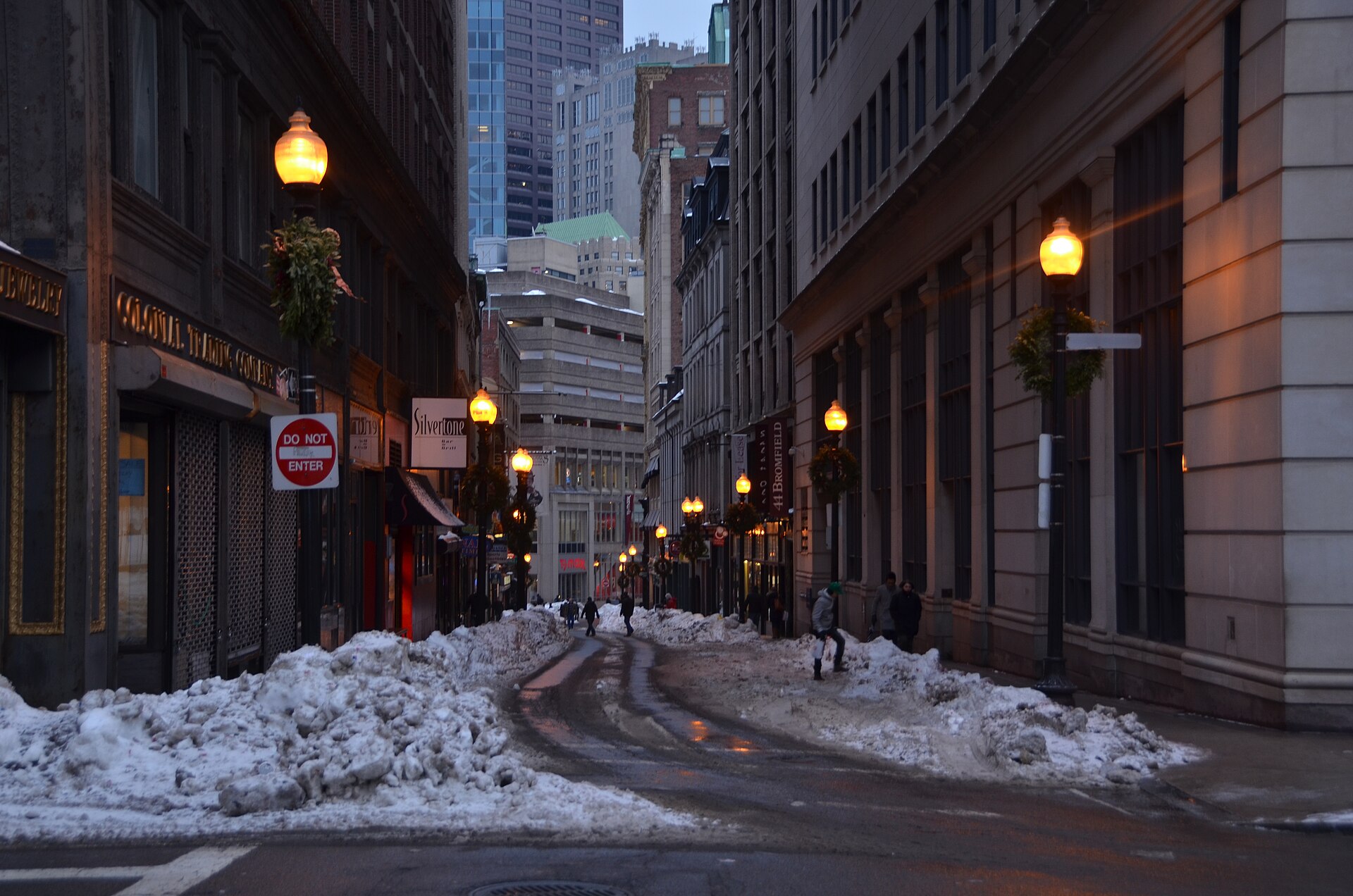 Snow-covered Bromfield Street in Boston after a blizzard