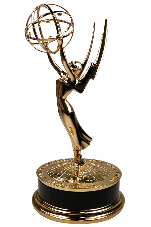 The gold Emmy statuette — a winged woman holding an atom — against a white background