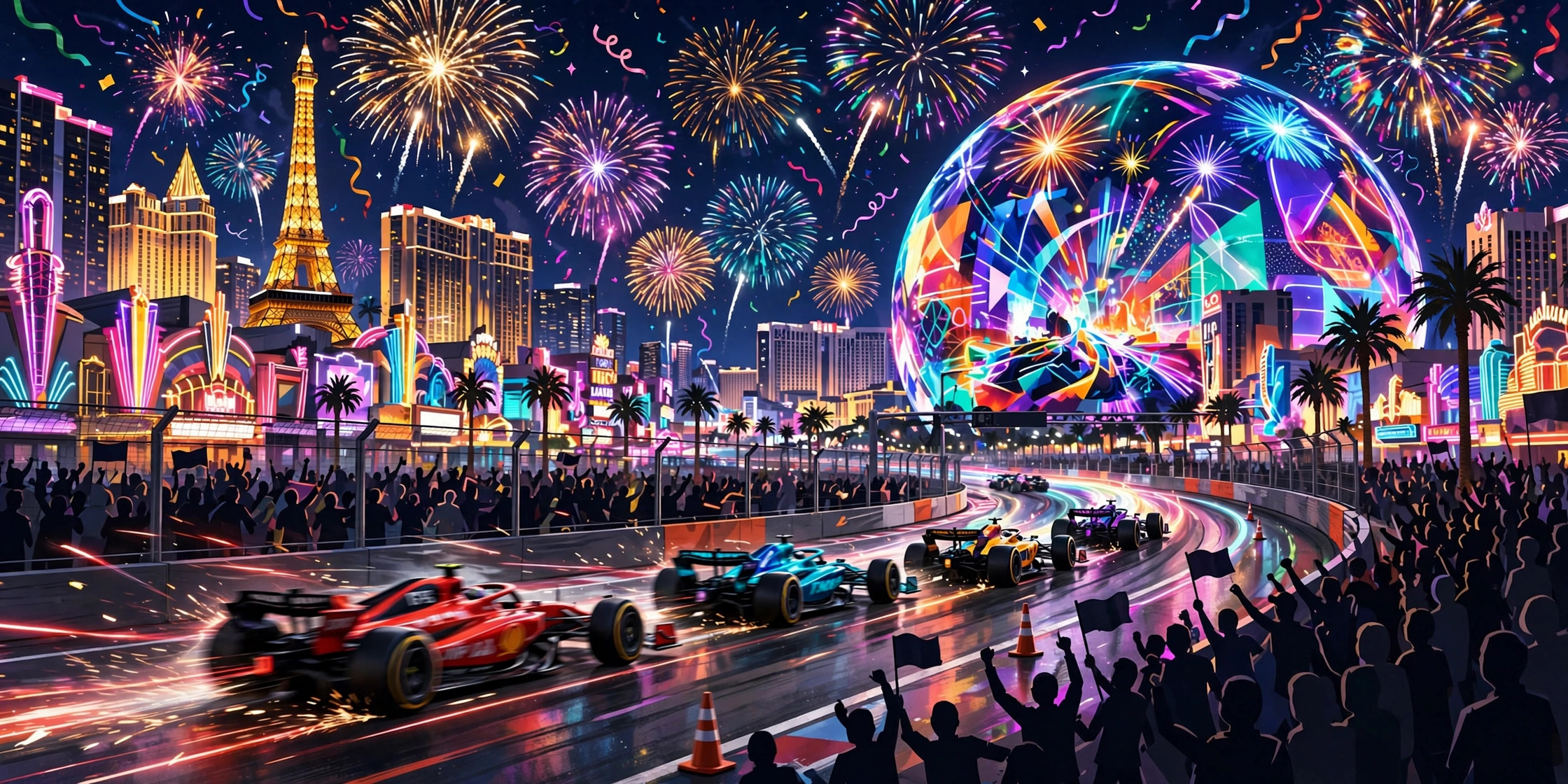 Formula 1 race cars speeding down the Las Vegas Strip at night with the Sphere glowing in the background