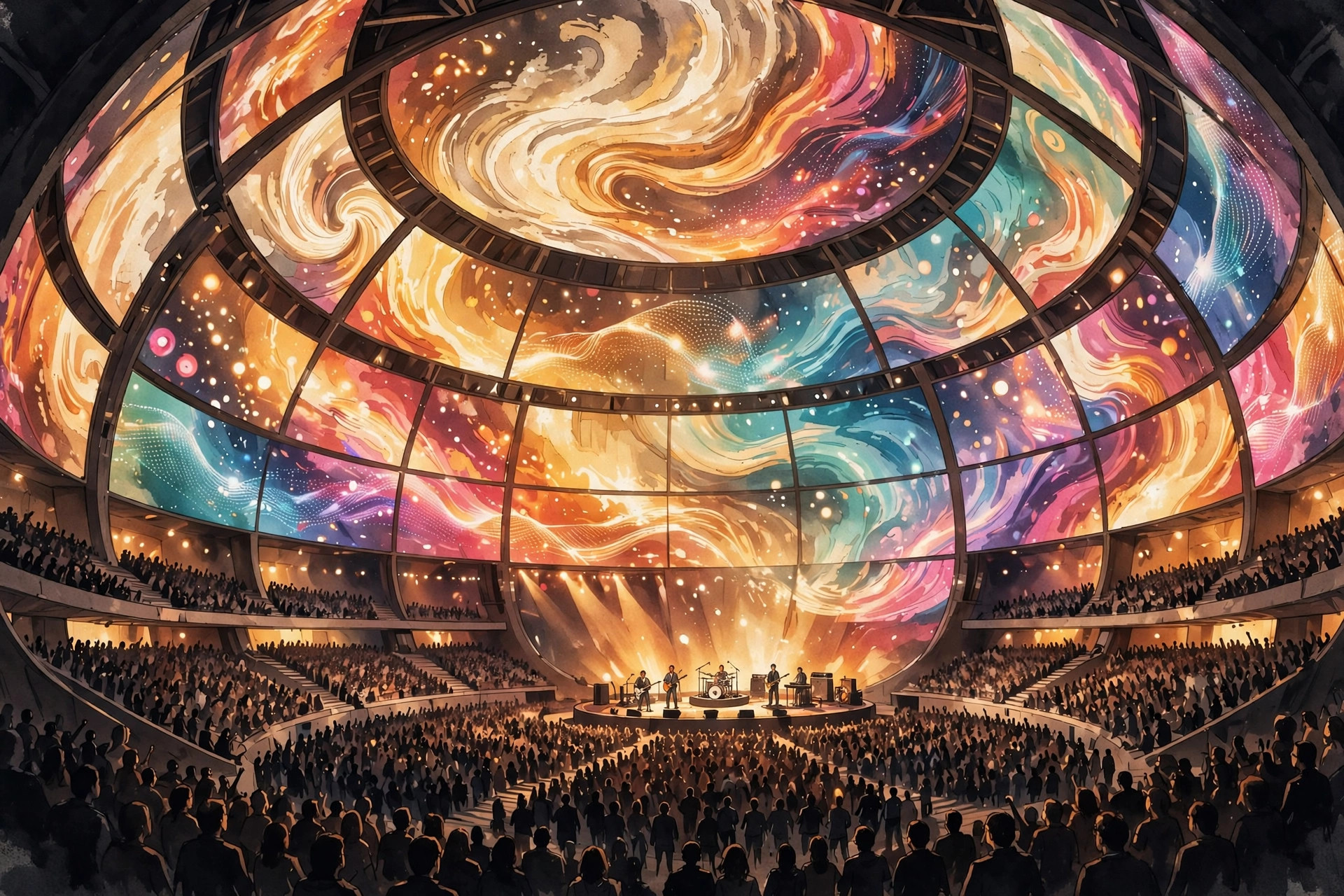 Inside a giant spherical concert venue with immersive curved screens and thousands of fans