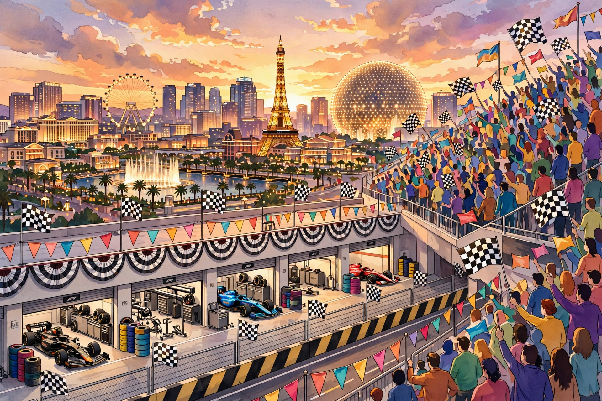 A Formula 1 pit lane and grandstand scene in Las Vegas at dusk with fans and the Strip skyline