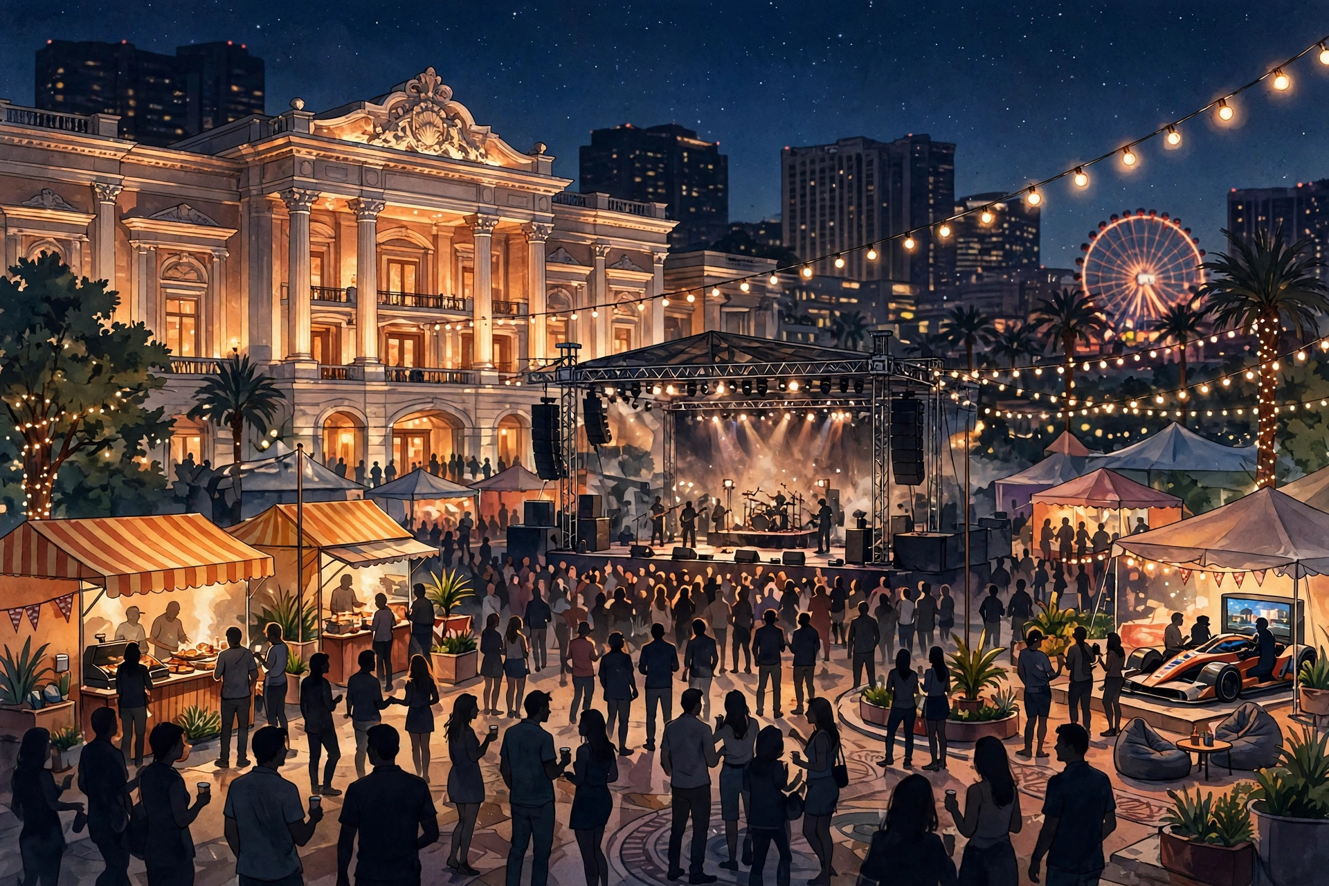 A festival atmosphere outside a venue in Las Vegas at night with a concert stage and fan activations