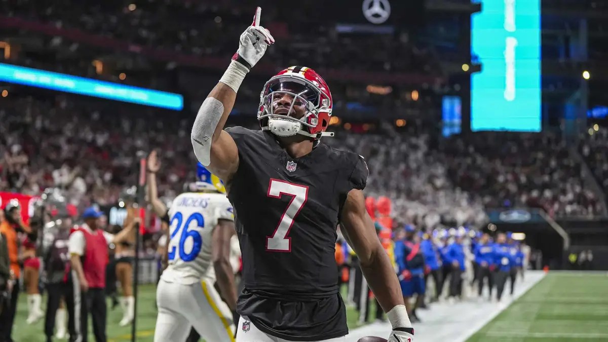 Bijan Robinson of the Falcons carries the ball on Monday Night Football