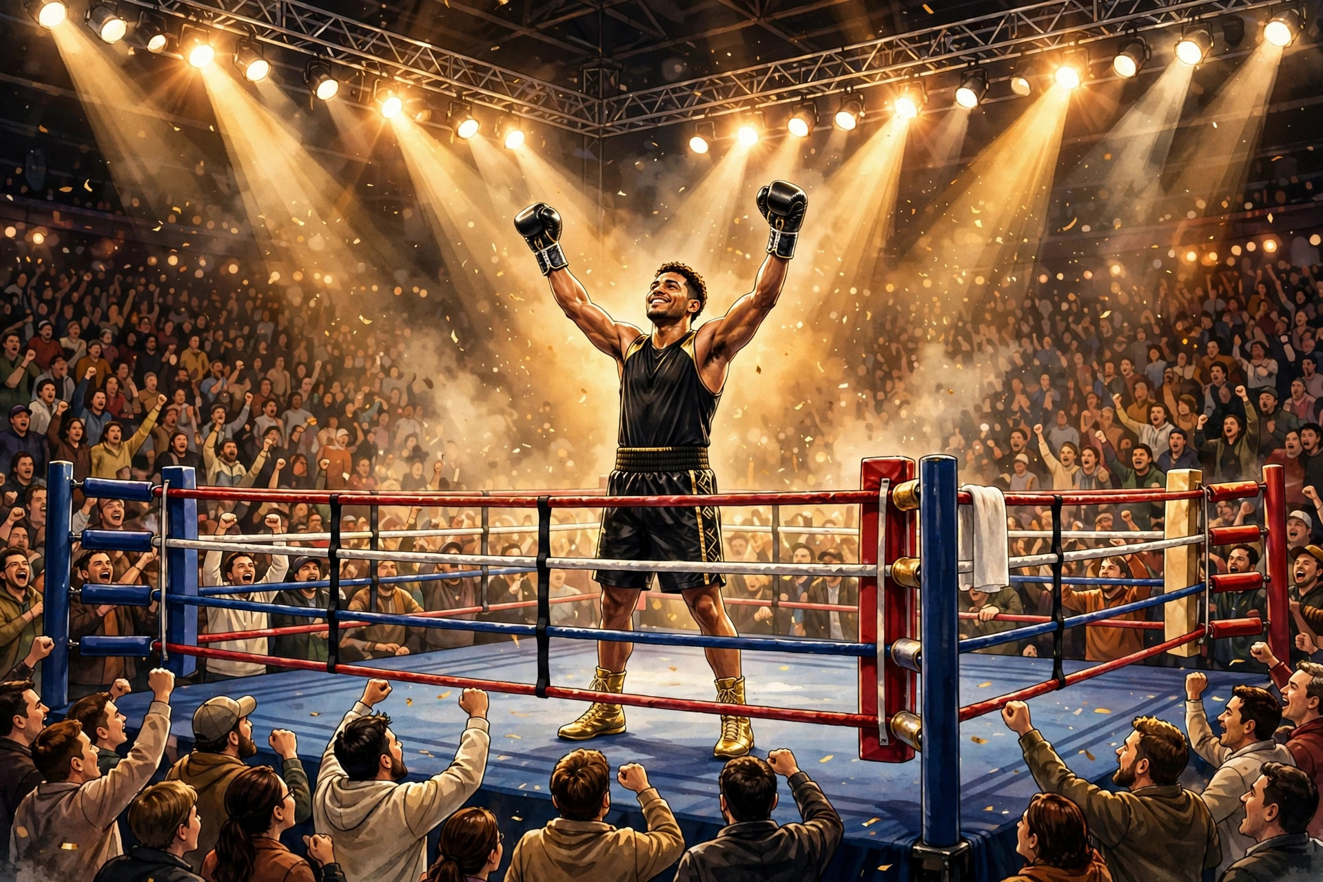 Osleys Iglesias celebrates his seventh-round stoppage win, a victorious boxer raising his gloves in a spotlight-filled ring — Previously illustration