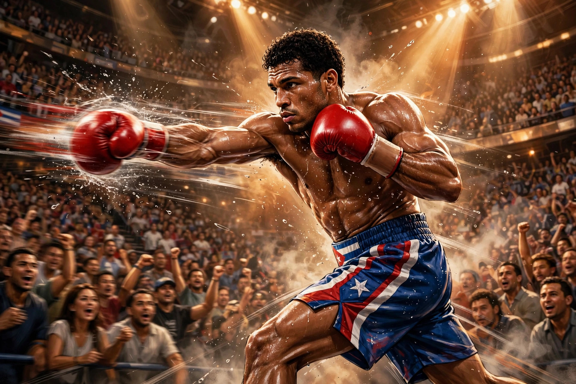 A southpaw boxer snapping out a power jab in a bright arena — Previously illustration