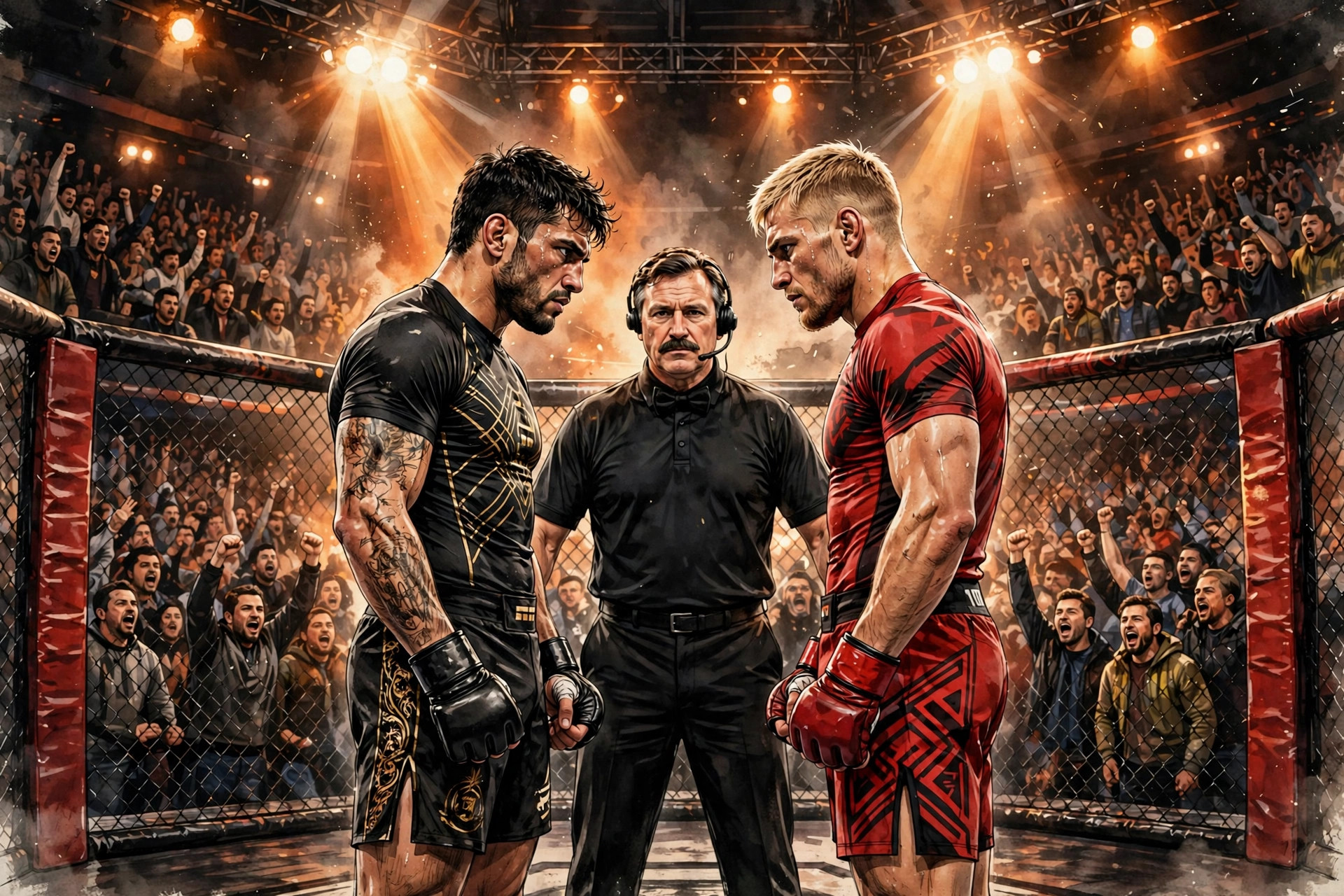 The MMA octagon under bright lights before fight night — Previously illustration